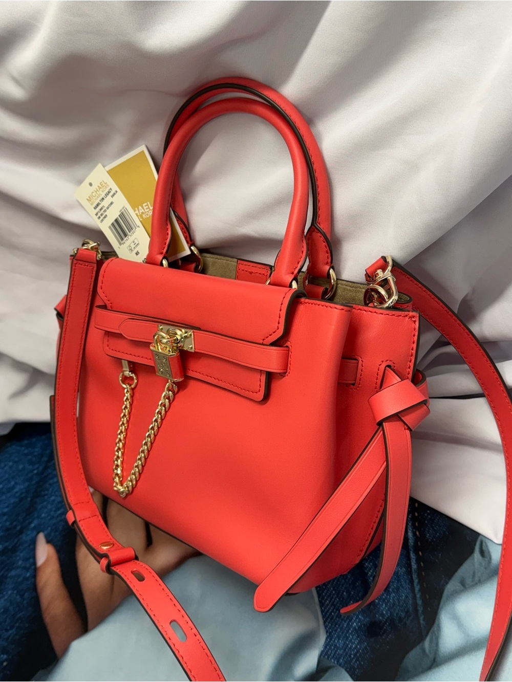 (new+tag) Michael Kors Leather Hamilton Legacy Dahlia Belted Red Pink Satchel - Picture 14 of 16